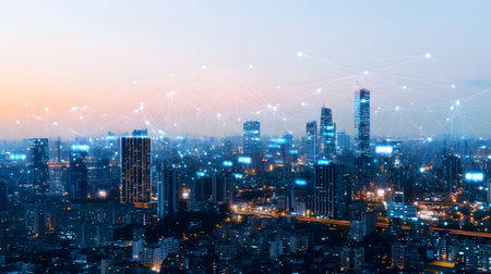 Futuristic smart city background with IoT-style connections and eco design. Perfect for urban tech,...