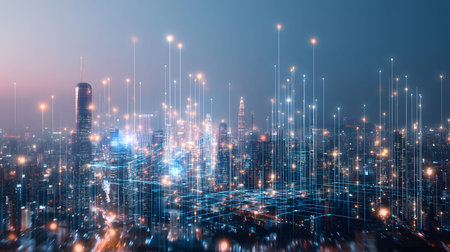 Futuristic smart city background with IoT-style connections and eco design. Perfect for urban tech,...