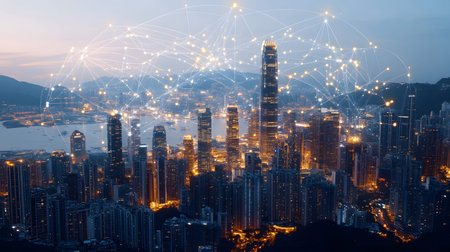 Futuristic smart city background with IoT-style connections and eco design. Perfect for urban tech,...
