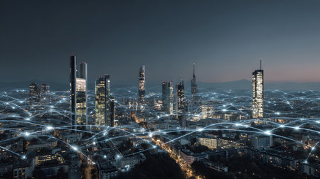 Futuristic smart city background with IoT-style connections and eco design. Perfect for urban tech, smart living, and innovation visuals.の写真素材