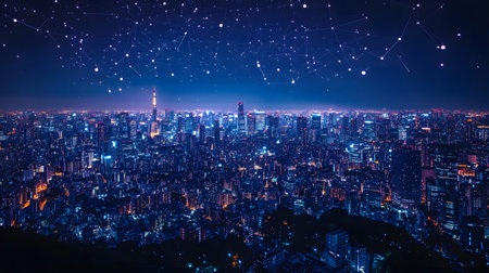 Futuristic smart city background with IoT-style connections and eco design. Perfect for urban tech, smart living, and innovation visuals.の写真素材
