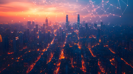 Futuristic smart city background with IoT-style connections and eco design. Perfect for urban tech, smart living, and innovation visuals.の写真素材