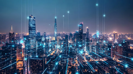 Futuristic smart city background with IoT-style connections and eco design. Perfect for urban tech,...
