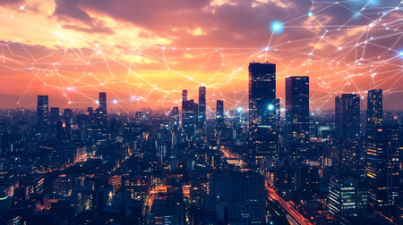 Futuristic smart city background with IoT-style connections and eco design. Perfect for urban tech, smart living, and innovation visuals.の写真素材