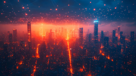 Futuristic smart city background with IoT-style connections and eco design. Perfect for urban tech, smart living, and innovation visuals.の写真素材