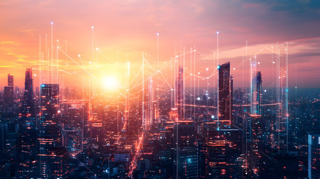 Futuristic smart city background with IoT-style connections and eco design. Perfect for urban tech, smart living, and innovation visuals.の写真素材