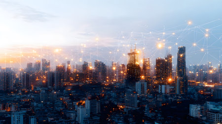 Futuristic smart city background with IoT-style connections and eco design. Perfect for urban tech, smart living, and innovation visuals.の写真素材