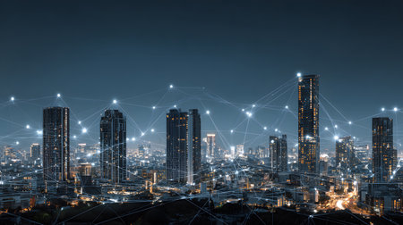 Futuristic smart city background with IoT-style connections and eco design. Perfect for urban tech, smart living, and innovation visuals.の写真素材