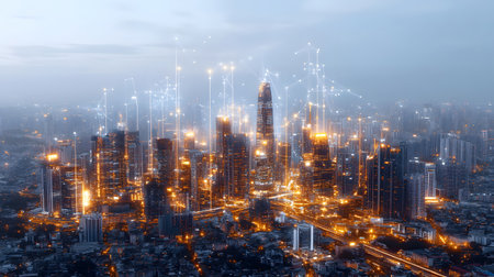Futuristic smart city background with IoT-style connections and eco design. Perfect for urban tech, smart living, and innovation visuals.の写真素材