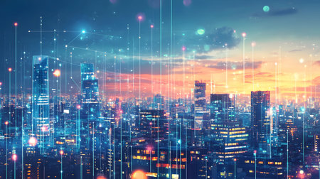 Futuristic smart city background with IoT-style connections and eco design. Perfect for urban tech,...