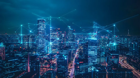 Futuristic smart city background with IoT-style connections and eco design. Perfect for urban tech,...