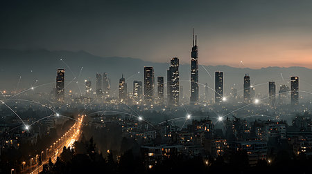 Futuristic smart city background with IoT-style connections and eco design. Perfect for urban tech,...