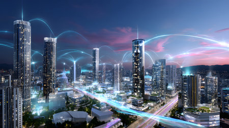Futuristic smart city background with IoT-style connections and eco design. Perfect for urban tech,...