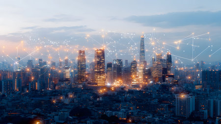 Futuristic smart city background with IoT-style connections and eco design. Perfect for urban tech,...