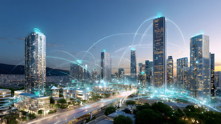 Futuristic smart city background with IoT-style connections and eco design. Perfect for urban tech,...
