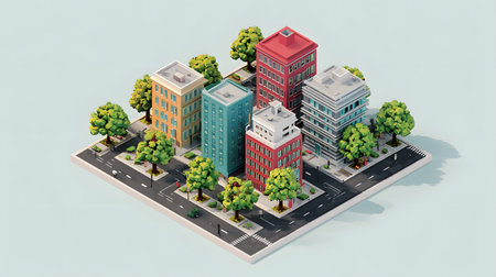 Clean isometric view of a city block in flat vector style. Great for maps, infographics, and UI...