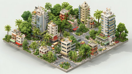 Clean isometric view of a city block in flat vector style. Great for maps, infographics, and UI...