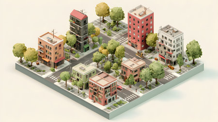 Clean isometric view of a city block in flat vector style. Great for maps, infographics, and UI interfaces related to real estate or smart cities.の写真素材