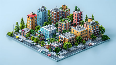 Clean isometric view of a city block in flat vector style. Great for maps, infographics, and UI...