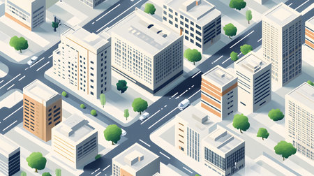 Clean isometric view of a city block in flat vector style. Great for maps, infographics, and UI...