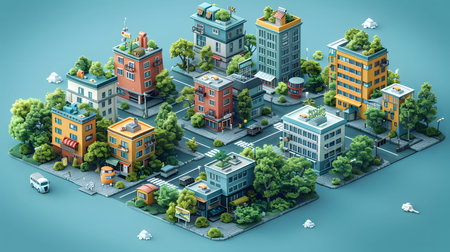 Clean isometric view of a city block in flat vector style. Great for maps, infographics, and UI interfaces related to real estate or smart cities.の写真素材