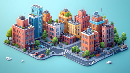 Clean isometric view of a city block in flat vector style. Great for maps, infographics, and UI...