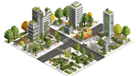 Clean isometric view of a city block in flat vector style. Great for maps, infographics, and UI interfaces related to real estate or smart cities.の写真素材