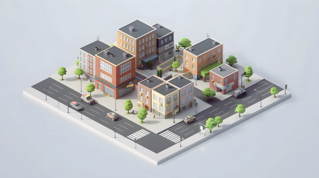 Clean isometric view of a city block in flat vector style. Great for maps, infographics, and UI interfaces related to real estate or smart cities.の写真素材
