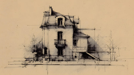 architectural sketch background with pencil-style drawing. Ideal for concept presentations, portfolios, or design storytelling.の写真素材