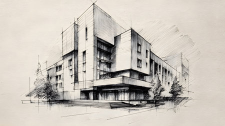 architectural sketch background with pencil-style drawing. Ideal for concept presentations, portfolios, or design storytelling.の写真素材