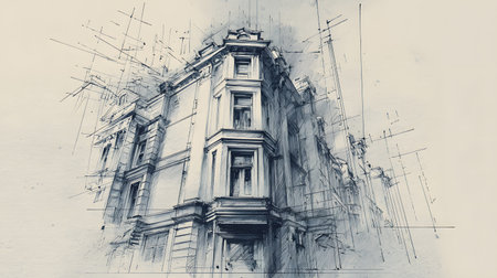 architectural sketch background with pencil-style drawing. Ideal for concept presentations, portfolios, or design storytelling.の写真素材