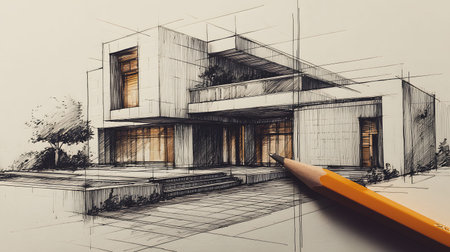 architectural sketch background with pencil-style drawing. Ideal for concept presentations, portfolios, or design storytelling.の写真素材