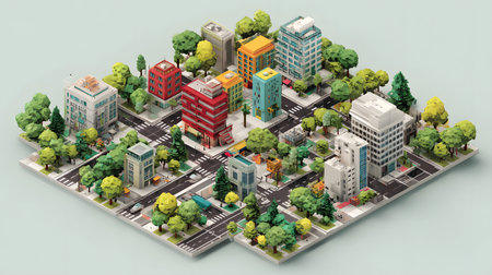 Clean isometric view of a city block in flat vector style. Great for maps, infographics, and UI...