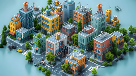 Clean isometric view of a city block in flat vector style. Great for maps, infographics, and UI...