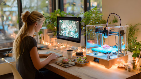 A person crafting a product using a 3D printer in a well-lit workspace. Perfect for maker culture,...