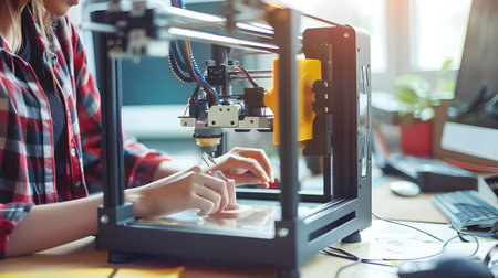A person crafting a product using a 3D printer in a well-lit workspace. Perfect for maker culture,...