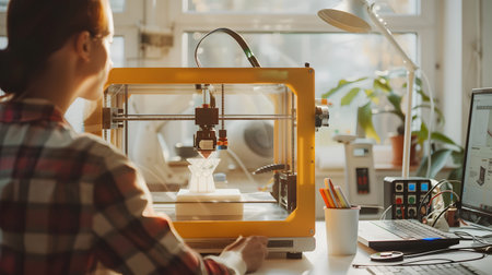 A person crafting a product using a 3D printer in a well-lit workspace. Perfect for maker culture,...