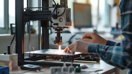 A person crafting a product using a 3D printer in a well-lit workspace. Perfect for maker culture,...