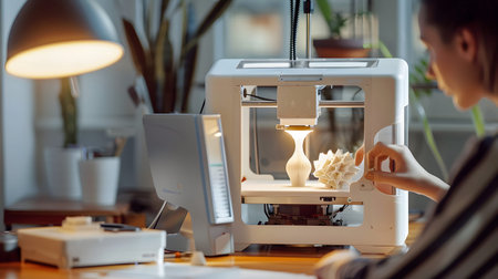 A person crafting a product using a 3D printer in a well-lit workspace. Perfect for maker culture,...