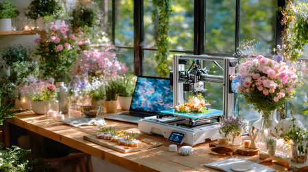 A person crafting a product using a 3D printer in a well-lit workspace. Perfect for maker culture,...
