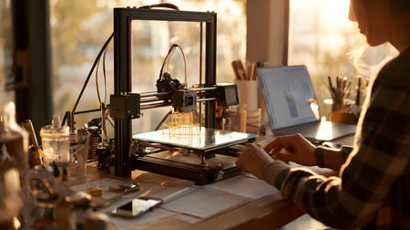 A person crafting a product using a 3D printer in a well-lit workspace. Perfect for maker culture,...