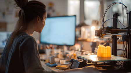 A person crafting a product using a 3D printer in a well-lit workspace. Perfect for maker culture,...