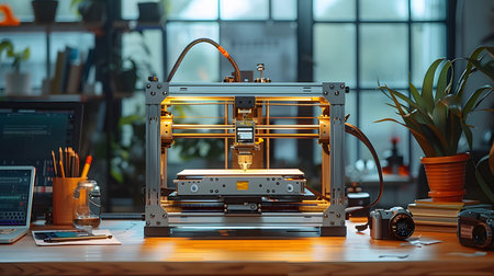 A person crafting a product using a 3D printer in a well-lit workspace. Perfect for maker culture,...