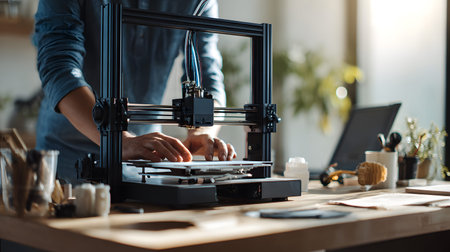 A person crafting a product using a 3D printer in a well-lit workspace. Perfect for maker culture,...