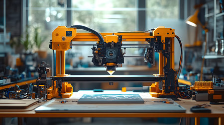 A person crafting a product using a 3D printer in a well-lit workspace. Perfect for maker culture, design, and modern craftsmanship visuals.の写真素材