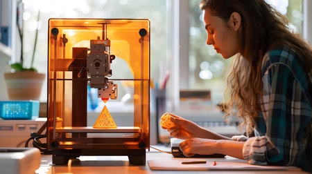 A person crafting a product using a 3D printer in a well-lit workspace. Perfect for maker culture,...