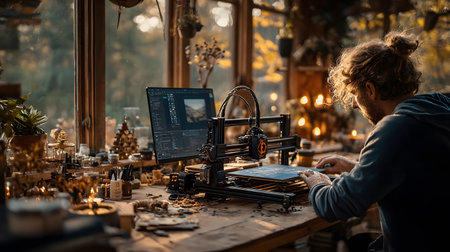 A person crafting a product using a 3D printer in a well-lit workspace. Perfect for maker culture, design, and modern craftsmanship visuals.の写真素材