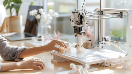 A person crafting a product using a 3D printer in a well-lit workspace. Perfect for maker culture,...