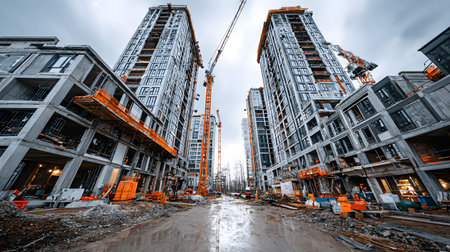 Active construction site background showing buildings in progress. Great for real estate,...