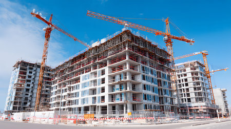 Active construction site background showing buildings in progress. Great for real estate,...